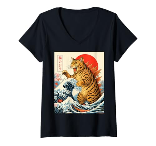 Damen Catzilla Bengalkatze Japanische Kunst Lustige Bengalkatze Geschenke T-Shirt mit V-Ausschnitt von Bengal Cat Japanese Art Funny Cat Gifts Tee