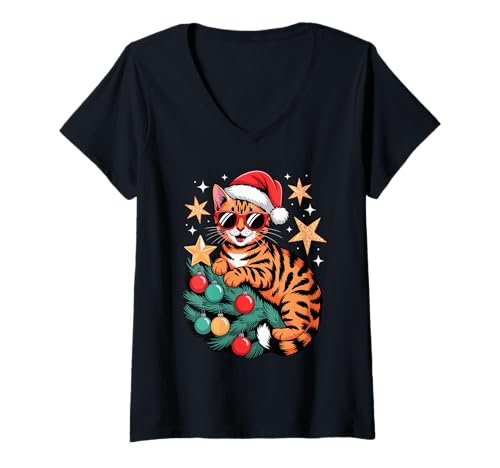 Damen Christmas Tree Bengal Cat Sunglasses T-Shirt mit V-Ausschnitt von Bengal Cat Lover Gifts