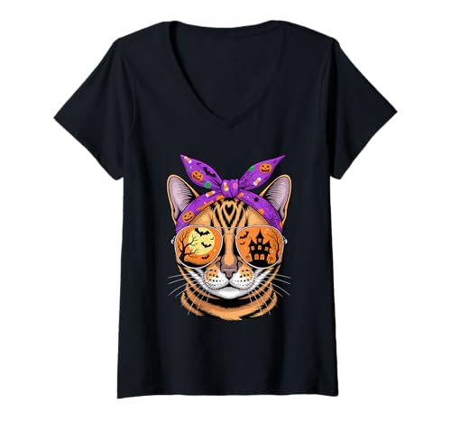 Damen Halloween Bandana Bengal Cat T-Shirt mit V-Ausschnitt von Bengal Cat Lover Gifts