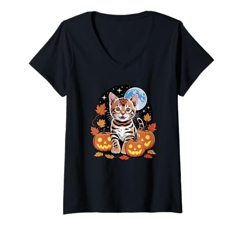 Damen Halloween Bengal Cat Kürbis T-Shirt mit V-Ausschnitt von Bengal Cat Lover Gifts