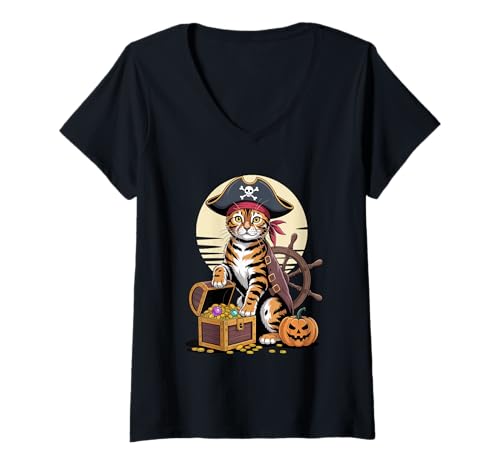 Damen Halloween Pirate Bengal Cat Treasure T-Shirt mit V-Ausschnitt von Bengal Cat Lover Gifts