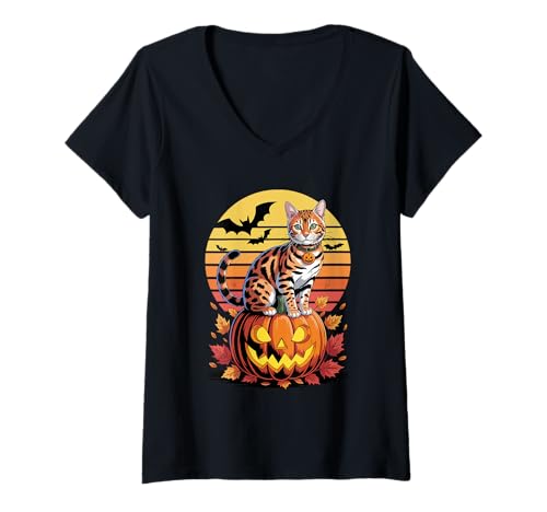 Damen Halloween Retro Bengal Cat T-Shirt mit V-Ausschnitt von Bengal Cat Lover Gifts