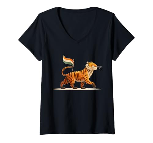Damen Glücklicher Bengaltiger im indischen Stil T-Shirt mit V-Ausschnitt von Bengal Tiger Outfit