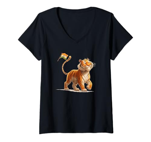Damen Schöner Tiger-Look T-Shirt mit V-Ausschnitt von Bengal Tiger Outfit