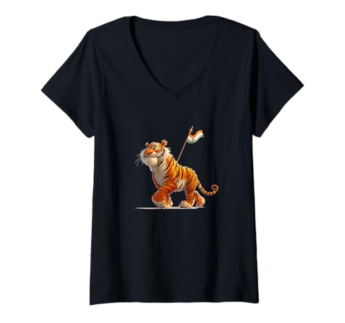 Damen Toller Bengalischer Tiger mit indischen Farben T-Shirt mit V-Ausschnitt von Bengal Tiger Outfit