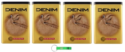 4x DENIM EDT Gold, Eau de Toilette Perfekt, um die Haut frisch zu halten, Metallbox 100ml + Beni Culinari Kostenloser Schlüsselanhänger von Beni Culinari