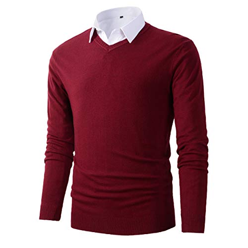 Herren Pullover Slim Fit Basic Design V-Ausschnitt Pullover Gr. Large, burgunderfarben von Benibos