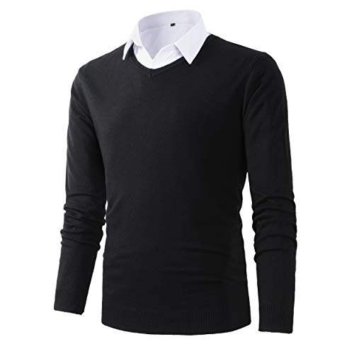 Herren Pullover Slim Fit Basic Design V-Ausschnitt Pullover Gr. Medium, Schwarz von Benibos