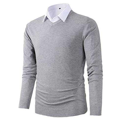 Herren Pullover Slim Fit Basic Design V-Ausschnitt Pullover Gr. X-Large, hellgrau von Benibos