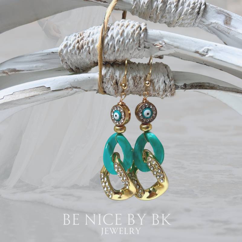 Acryl Glieder Ohrringe Gold Mit Evil Eye Strass Perle, Statement Ohrringe, Modeschmuck Acryl Glieder Ohrringe Gold Mit Evil Eye Strass Perle, Statement Ohrringe, Modeschmuck von BenicebyBK