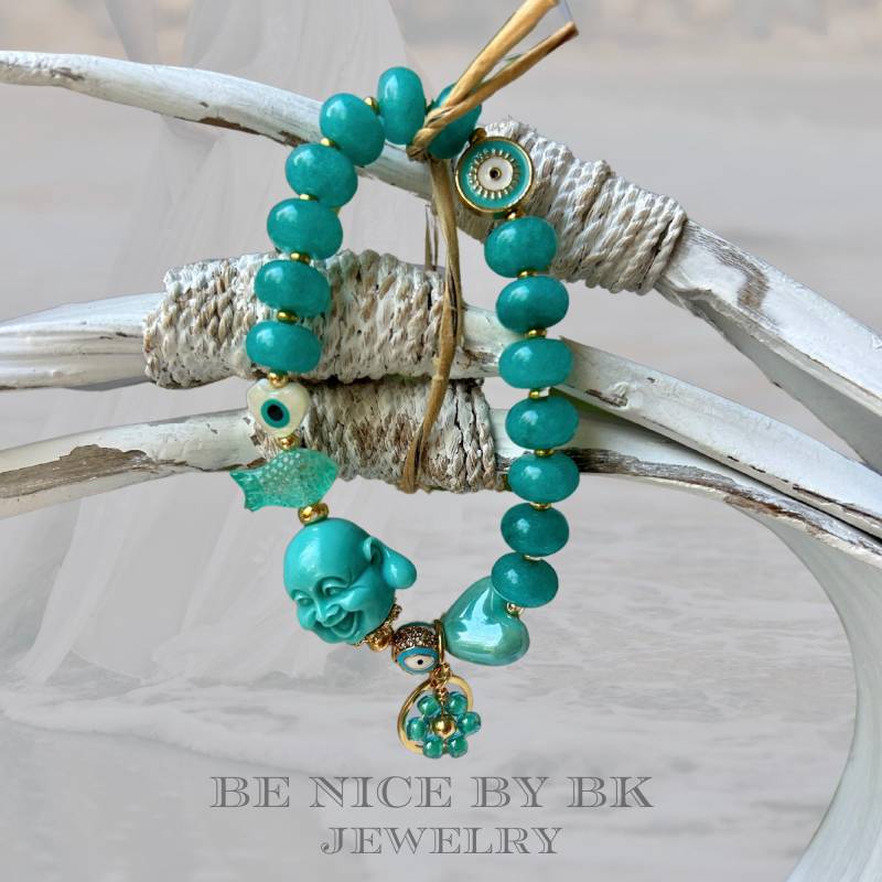 Buddha Armband Damen Mit Türkisen Jade Perlen Im Boho Style - Glücksarmband Yoga Schmuck Für Freundin von BenicebyBK