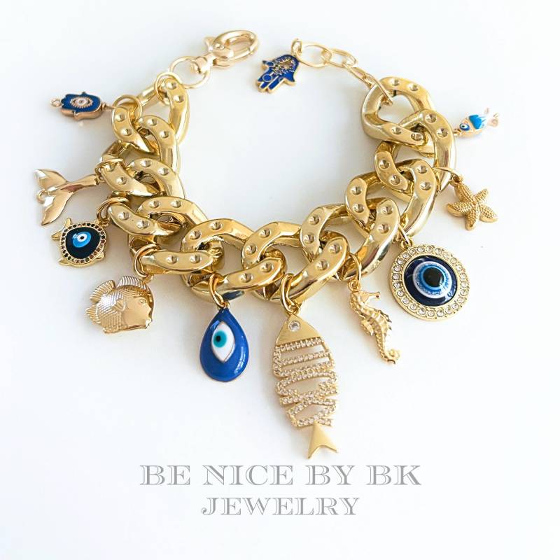 Charm Armband Damen Gold Mit Evil Eye Charms & Maritimen Anhängern - Modeschmuck Schmuck Für Frauen von BenicebyBK
