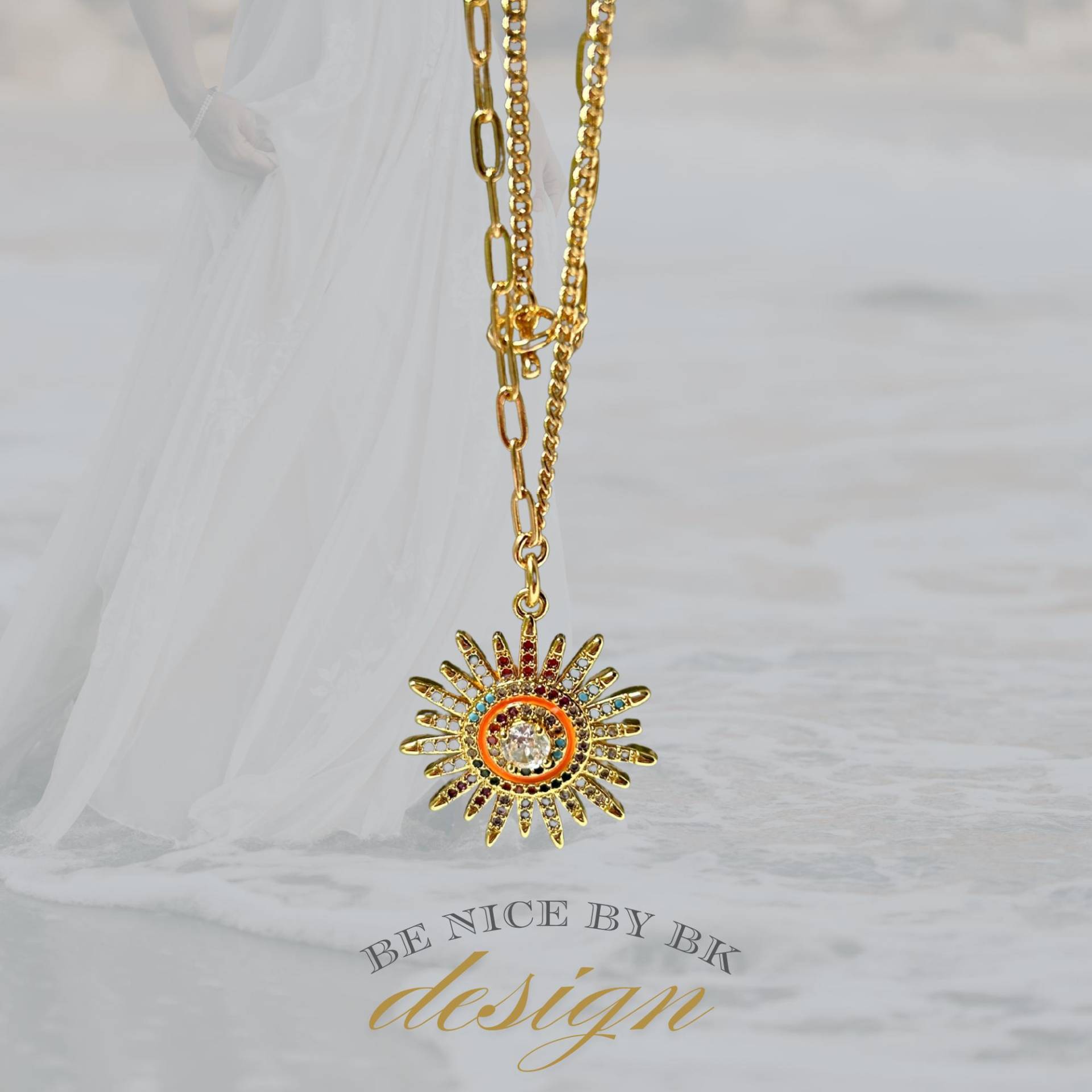 Kette Gold Mit Anhänger Sonne - 18K Vergoldet Twist Und Paperclip Chain Layering Im Ibiza Style Halskette Für Freundin von BenicebyBK