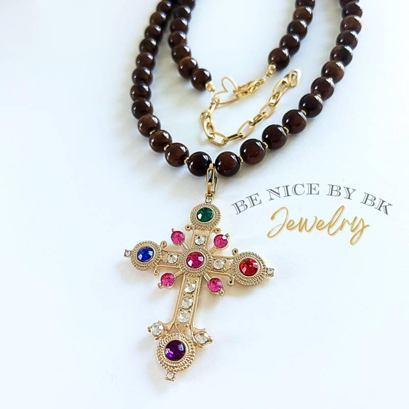 Kreuz Kette Damen Mit Natur Mashan Jade Perlen Handgefertigt - Lange Anhänger Schmuck Für Frauen Statement Kreuz Kette Damen Mit Natur Mashan Jade Perlen Handgefertigt - Lange Anhänger Schmuck Für Frauen Statement von BenicebyBK