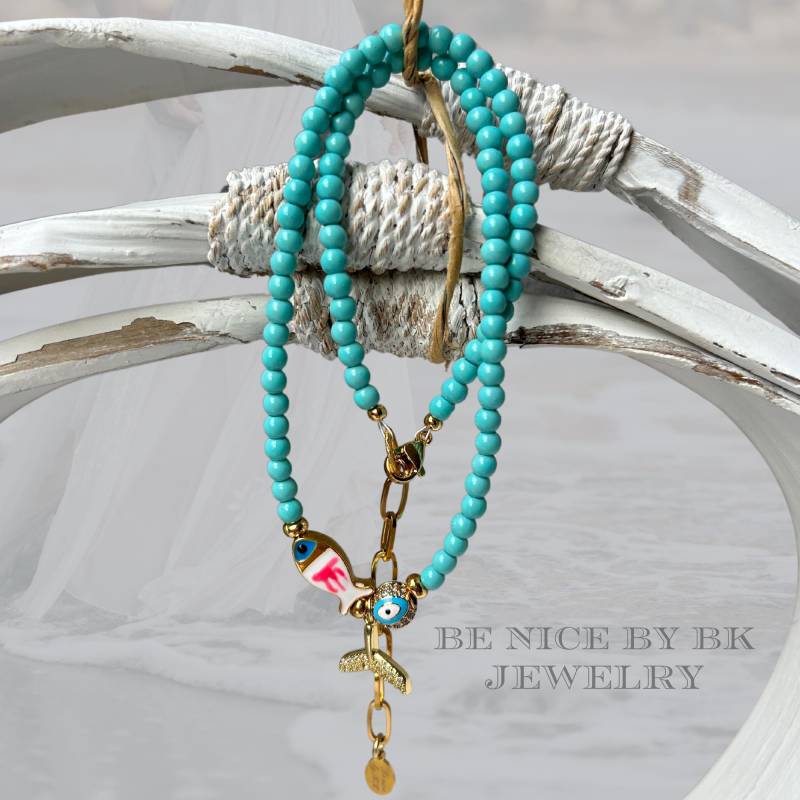 Perlenkette Damen Türkis Im Boho Style, Evil Eye Kette, Maritimer Schmuck, Layering Halskette Für Freundin von BenicebyBK