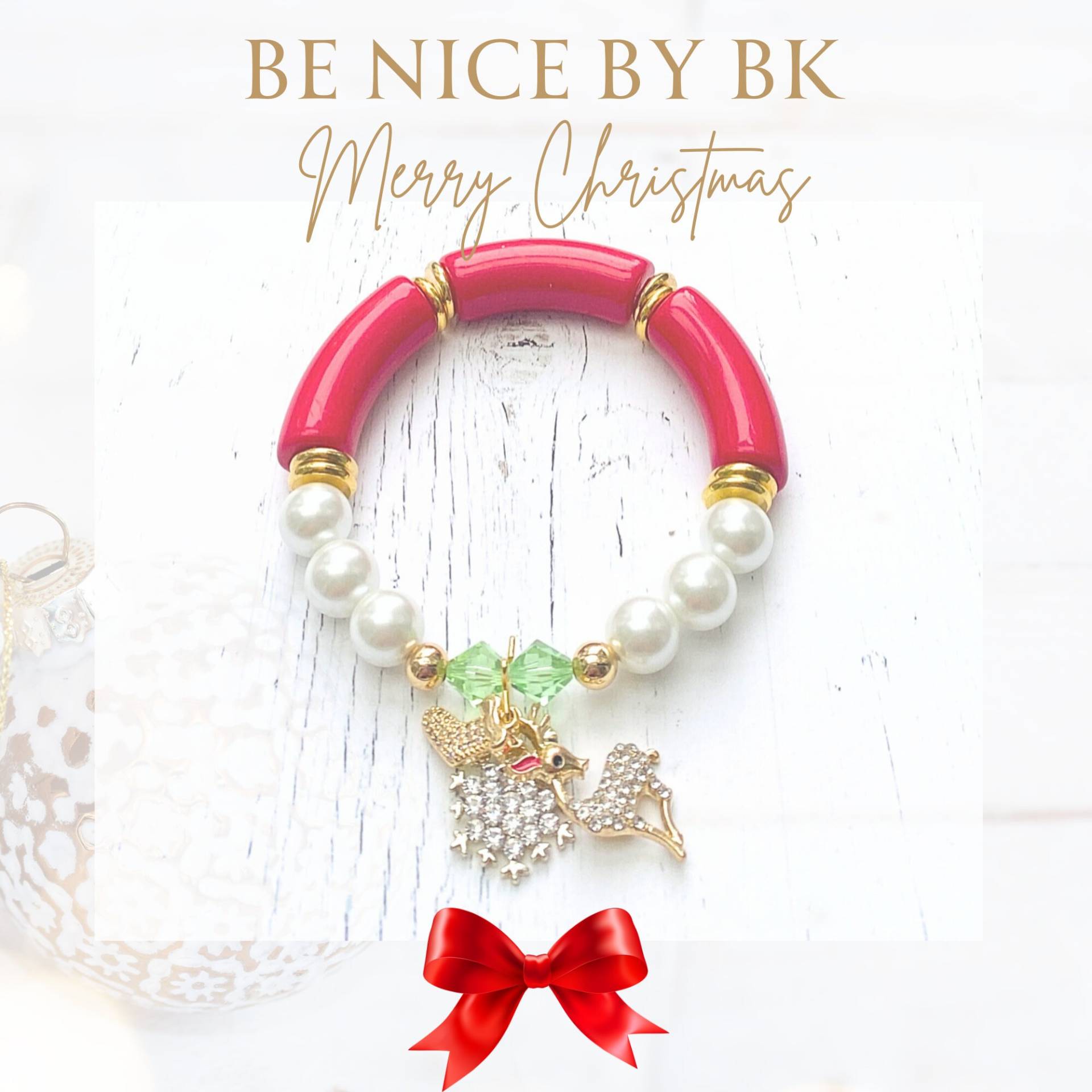 Weihnachtsarmband Damen - Rotes Armband Weihnachten Mit Acryl Tube Perlen, Austrian Kristall & Weißen Perlen Weihnachtsgeschenkidee von BenicebyBK