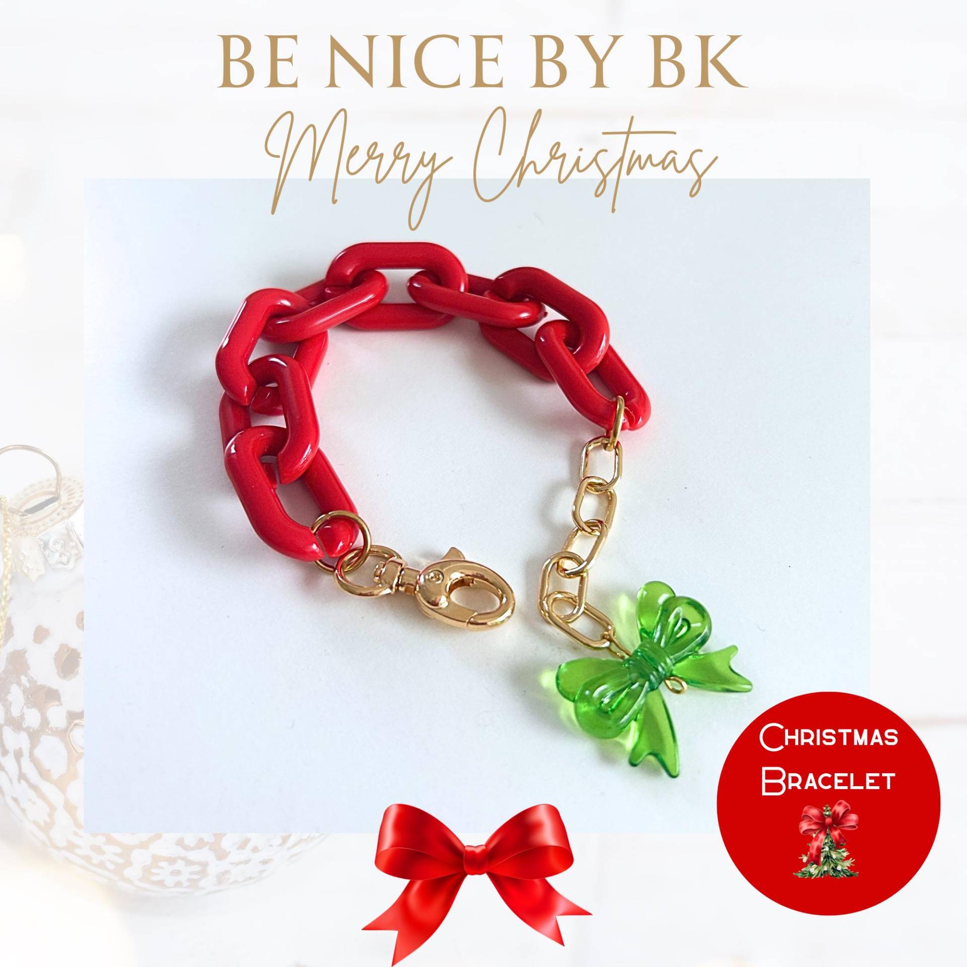 Weihnachtsarmband Schmuck Mit Roten Acryl Gliedern & Grüner Schleife - Kleine Weihnachtsgeschenke Für Frauen Nikolaus Geschenk von BenicebyBK