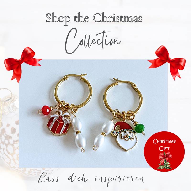Weihnachtsohrringe Creolen 18K Vergoldet Mit Santa, Perlen & Gift Box - Handgefertigter Schmuck Weihnachtsgeschenk Freundin von BenicebyBK