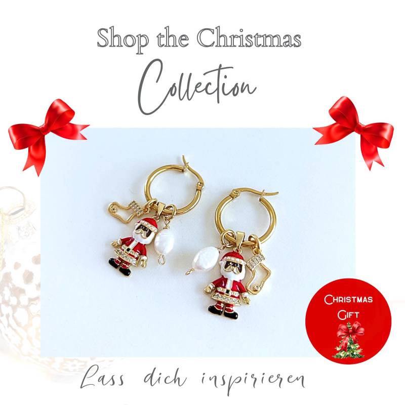 Weihnachtsohrringe Damen - Creolen Mit Anhänger Santa, Nikolausstiefel & Süßwasserperle Weihnachtsgeschenk Freundin von BenicebyBK