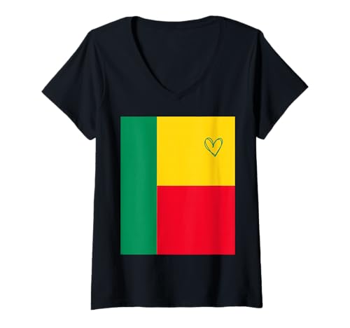 Damen Benin-Flagge Beninesisches Herz Stolzer Erbe Nationalfeiertag T-Shirt mit V-Ausschnitt von Benin Flag Beninese Proud National Day Gifts Idea