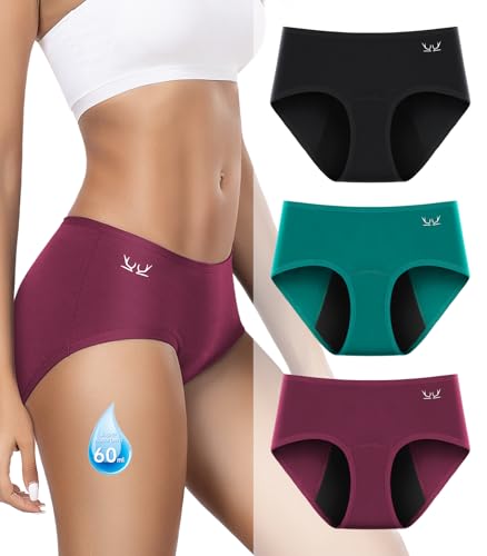 Benirap Periodenunterschwäsche Starke Blutung 60ML, Hohe SaugfäHigkeit Perioden Unterwäsche, Atmungsaktiv Menstruationsunterwäsche Damen (3er Pack) Schwarz Rot Grün XS von Benirap