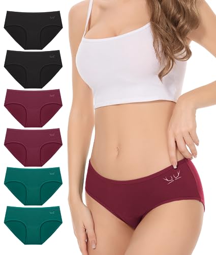 Benirap 6er Pack Damen Unterwäsche, Baumwolle Atmungsaktiv Slips Bequeme Hipster Frauen Höschen Schwarz, Rot, Grün XS-2XL von Benirap