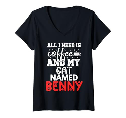 Damen Katzenname Benny Gifts Alles was ich Brauche ist Kaffee Katze Named Benny T-Shirt mit V-Ausschnitt Damen Katzenname Benny Gifts Alles was ich Brauche ist Kaffee Katze Named Benny T-Shirt mit V-Ausschnitt von Benny Cat Name GIfts With Coffee