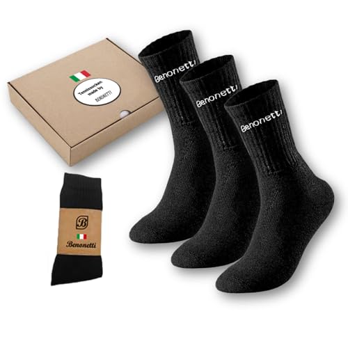 3er-Pack Socken Tennissocken Herren Damen - Laufsocken Crew Baumwollsocken - Unisex Socks gepolsterte Sohle - robuste Sportsocken - Atmungsaktive Arbeitssocken - verstärkte Ferse & Fußspitze (schwarz) von Benonetti