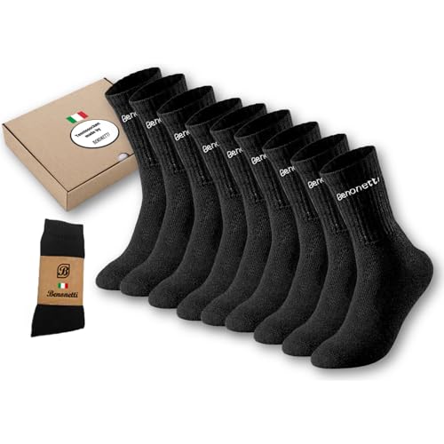 9er-Pack Socken Tennissocken Herren Damen - Laufsocken Crew Baumwollsocken - Unisex Socks gepolsterte Sohle - robuste Sportsocken - Atmungsaktive Arbeitssocken - verstärkte Ferse & Fußspitze (schwarz) von Benonetti