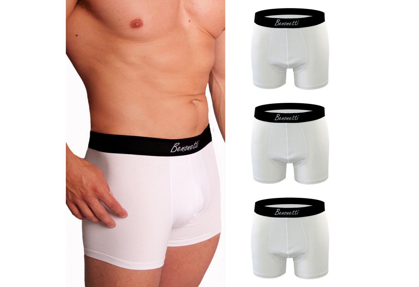 Benonetti Boxershorts Premium Herren Unterhosen, Männer Unterwäsche aus feiner Baumwolle (3 Paar, 3-St., Packung, 3er-Pack) Mit Komfortbund und Logo, ohne kratzenden Zettel von Benonetti
