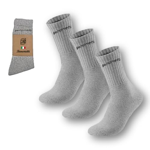 Benonetti Tennissocken Socken Herren Damen Unisex Retro Laufsocken aus Baumwolle, perfekt für Sport Wandern Alltag Arbeit, elastisch bequem atmungsaktiv weich lang - 3er Set in grau. von Benonetti