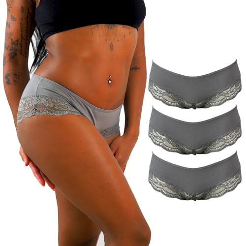 Benonetti Unterhosen Damen Frauen Hipster Panties Slips mit Spitze aus Baumwolle atmungsaktive Dehnbare Unterwäsche - 3er Set in L und grau von Benonetti