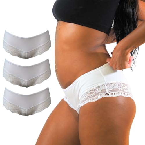 Benonetti Unterhosen Damen Frauen Hipster Panties Slips mit Spitze aus Baumwolle atmungsaktive Dehnbare Unterwäsche - 3er Set in M und Weiss von Benonetti