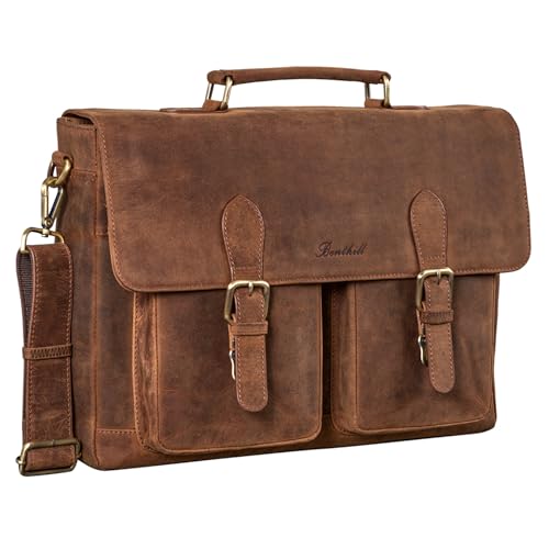 Benthill Aktentasche Leder Laptoptasche - Ledertasche für Damen und Herren Gross - Briefcase - Umhängetasche aus echtem Leder - Große Schultertasche für Laptop, Farbe:Braun - Tan von Benthill