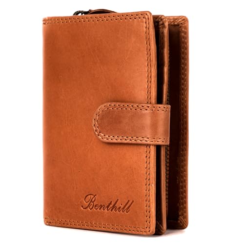Benthill Geldbörse Damen Leder | Geldbeutel mit RFID Schutz aus Rindsleder | Portmonee mit 8 Kartenfächer Mittelgroß | Echt Leder Slim-Wallet Vintage inkl. Geschenkbox, Farbe:Braun von Benthill