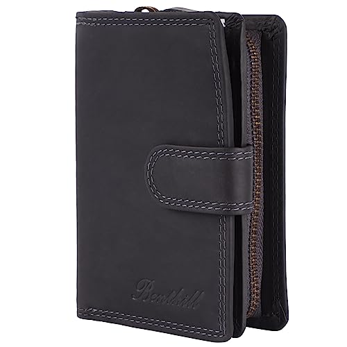 Benthill Geldbörse Damen Leder | Geldbeutel mit RFID Schutz aus Rindsleder | Portmonee mit 8 Kartenfächer Mittelgroß | Echt Leder Slim-Wallet Vintage inkl. Geschenkbox, Farbe:Grau von Benthill