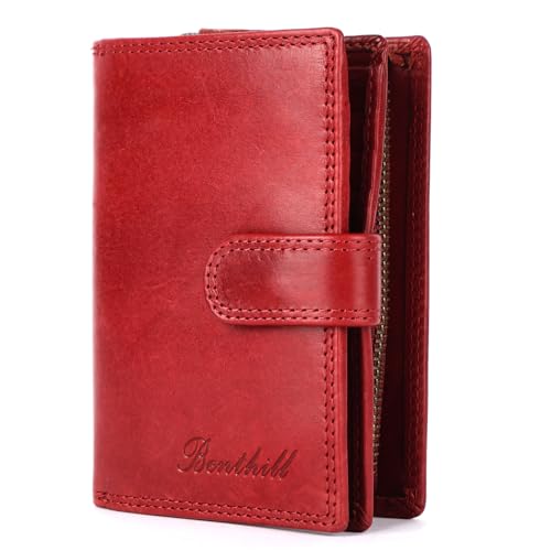 Benthill Geldbörse Damen Leder | Geldbeutel mit RFID Schutz aus Rindsleder | Portmonee mit 8 Kartenfächer Mittelgroß | Echt Leder Slim-Wallet Vintage inkl. Geschenkbox, Farbe:Rot von Benthill