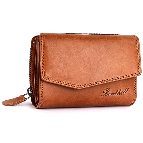 Benthill Damen Geldbörse Echt Leder - Portemonnaie mit RFID Schutz - Portmonee viele Kartenfächer - Echtleder Vintage Damenbörse inkl. Geschenkbox, Farbe:Braun von Benthill