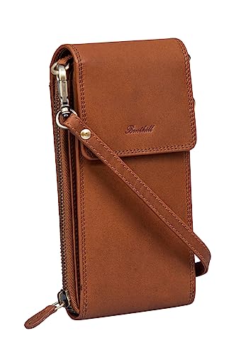 Benthill Damen Handy Umhängetasche Leder - RFID Portemonnaie aus echtem Rindsleder - Frauen Vintage Leder Geldbörse - Handtasche - Schultertasche, Farbe:Braun von Benthill