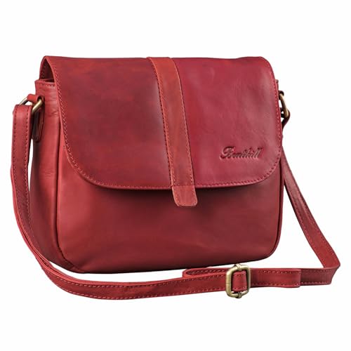 Benthill Damen Tasche aus Echt-Leder - Handtasche aus Rindsleder - Schultertasche mit Reißverschluss - Vintage Umhängetasche, Farbe:Rot von Benthill
