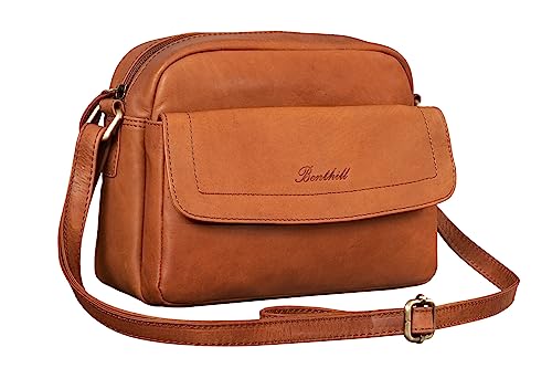 Benthill Damen Tasche aus Echt-Leder - Umhängetasche aus Rindsleder - Handtasche mit Reißverschluss - Vintage Frauen Schultertasche, Farbe:Braun von Benthill