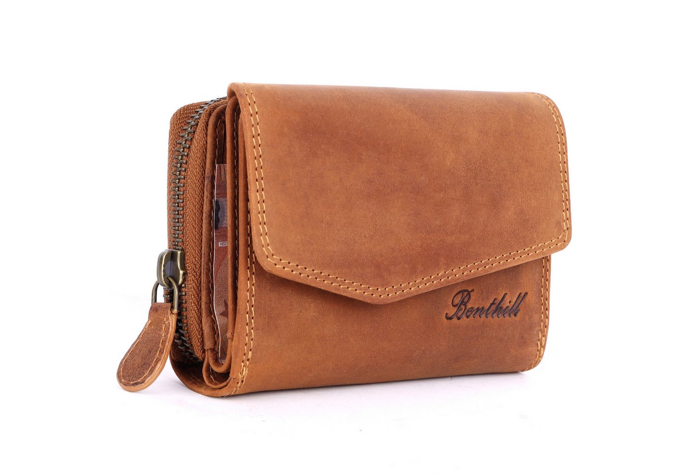 Benthill Geldbörse Damen Echt-Leder Portemonnaie RFID Portmonee viel Kartenfächer Vintage, RFID-Schutz Kartenfächer Münzfach Reißverschlussfach von Benthill