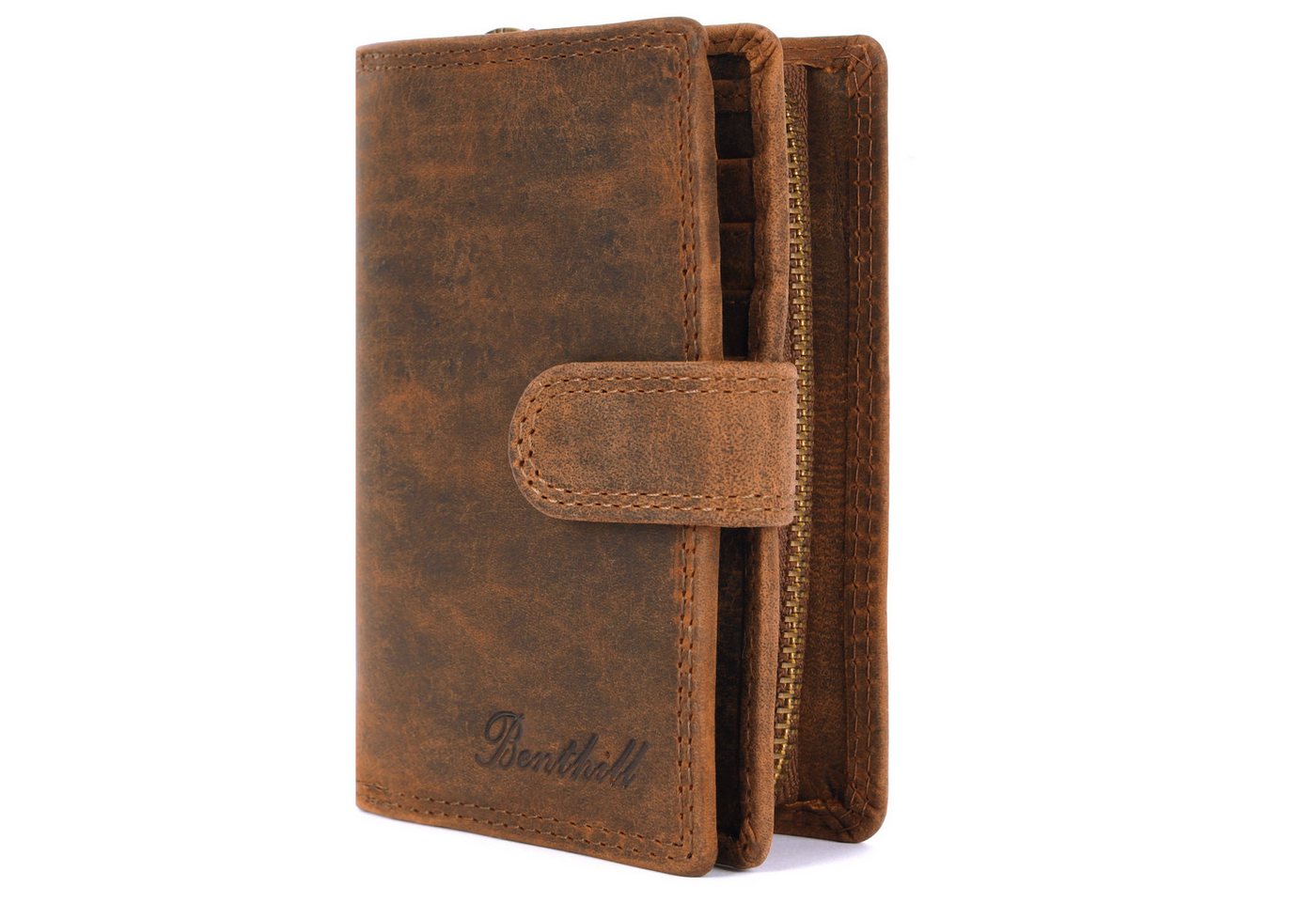Benthill Geldbörse Damen Echt-Leder RFID Geldbeutel Frauen Vintage Portemonnaie Klein, RFID-Schutz Kartenfächer Münzfach Reißverschlussfach von Benthill