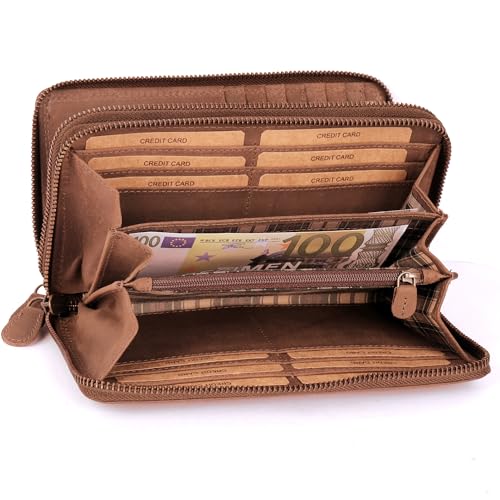 Benthill Geldbörse Groß Leder | Geldbeutel Gross XXL Echtleder | Portemonnaie Frauen mit RFID Schutz | Vintage Portmonee mit vielen Kartenfächer inkl. Geschenkbox, Farbe:Brown - Tan (H) von Benthill