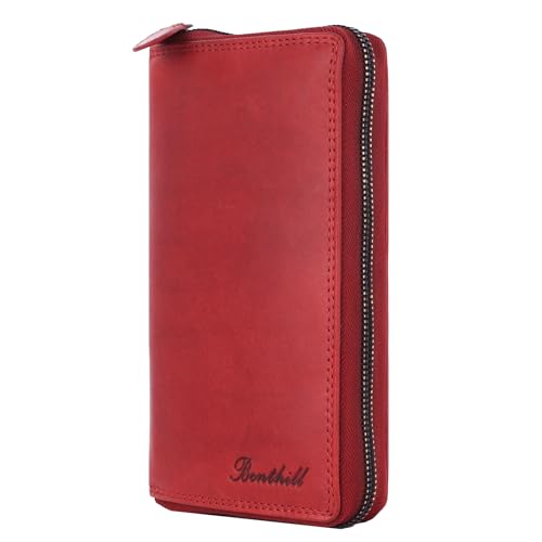 Benthill Geldbörse Groß Leder - XL Portemonnaie mit RFID-Schutz - Großes Portmonee mit vielen Kartenfächern - Reißverschluss Geldtasche inkl. Geschenkbox, Farbe:Rot von Benthill