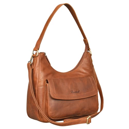 Benthill Handtasche Damen Echt Leder | Schultertasche aus echtem Rindsleder | Umhängetasche mit Reißverschluss | Ledertasche mit Henkel & Umhängegurt, Farbe:Braun von Benthill