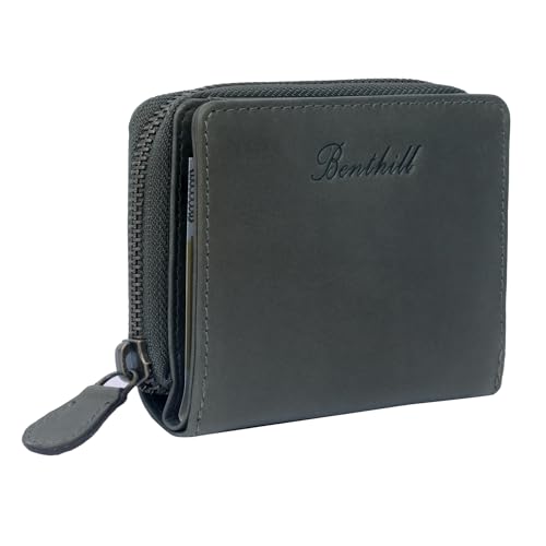 Benthill Kleine Geldbörse Echt Leder | Damen & Herren Portemonnaie mit RFID Schutz | 8 Kartenfächer | Slim-Wallet inkl. Geschenkbox, Farbe:Olive - Grau von Benthill