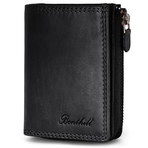 Benthill Kleine Geldbörse Echt Leder | Damen & Herren Geldbeutel mit RFID Schutz | 7 Kartenfächer | Slim-Wallet inkl. Geschenkbox, Farbe:Schwarz von Benthill