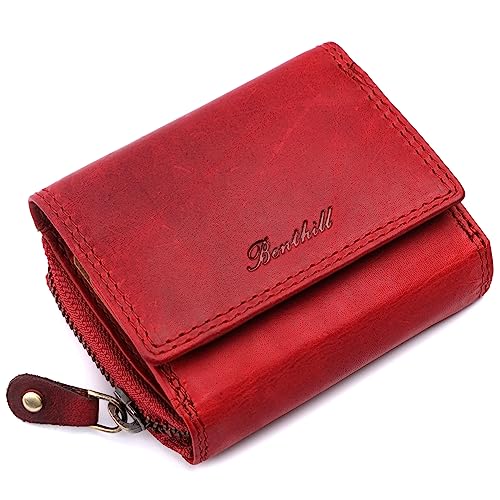 Benthill Kleine Geldbörse Leder RFID | Minibörse mit Münzfach & Scheinfach | Damen & Herren Mini Portemonnaie Echt Leder inkl. Geschenkbox, Farbe:Rot von Benthill