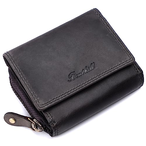 Benthill Kleine Geldbörse Leder RFID | Minibörse mit Münzfach & Scheinfach | Damen & Herren Mini Portemonnaie Echt Leder inkl. Geschenkbox, Farbe:Grau von Benthill
